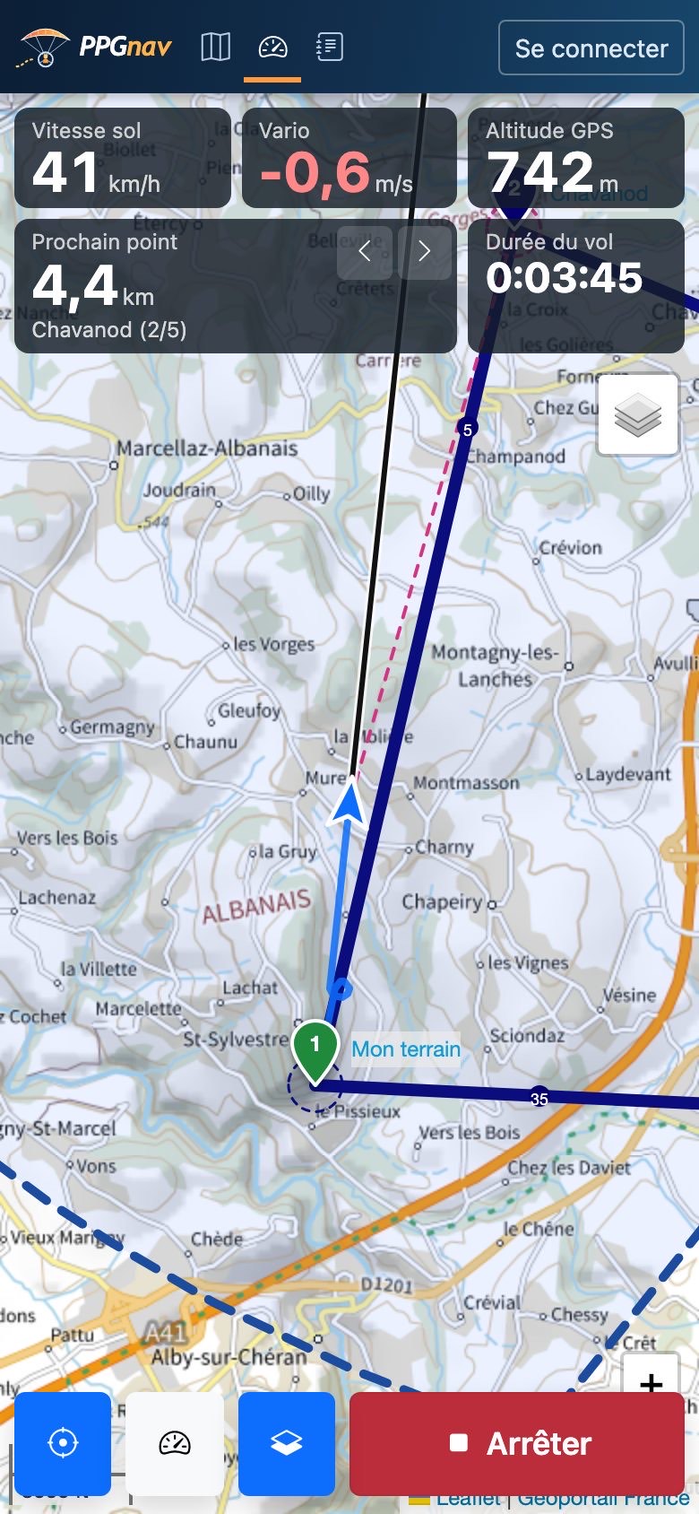 Mode vol, vue carte avec les indicateurs