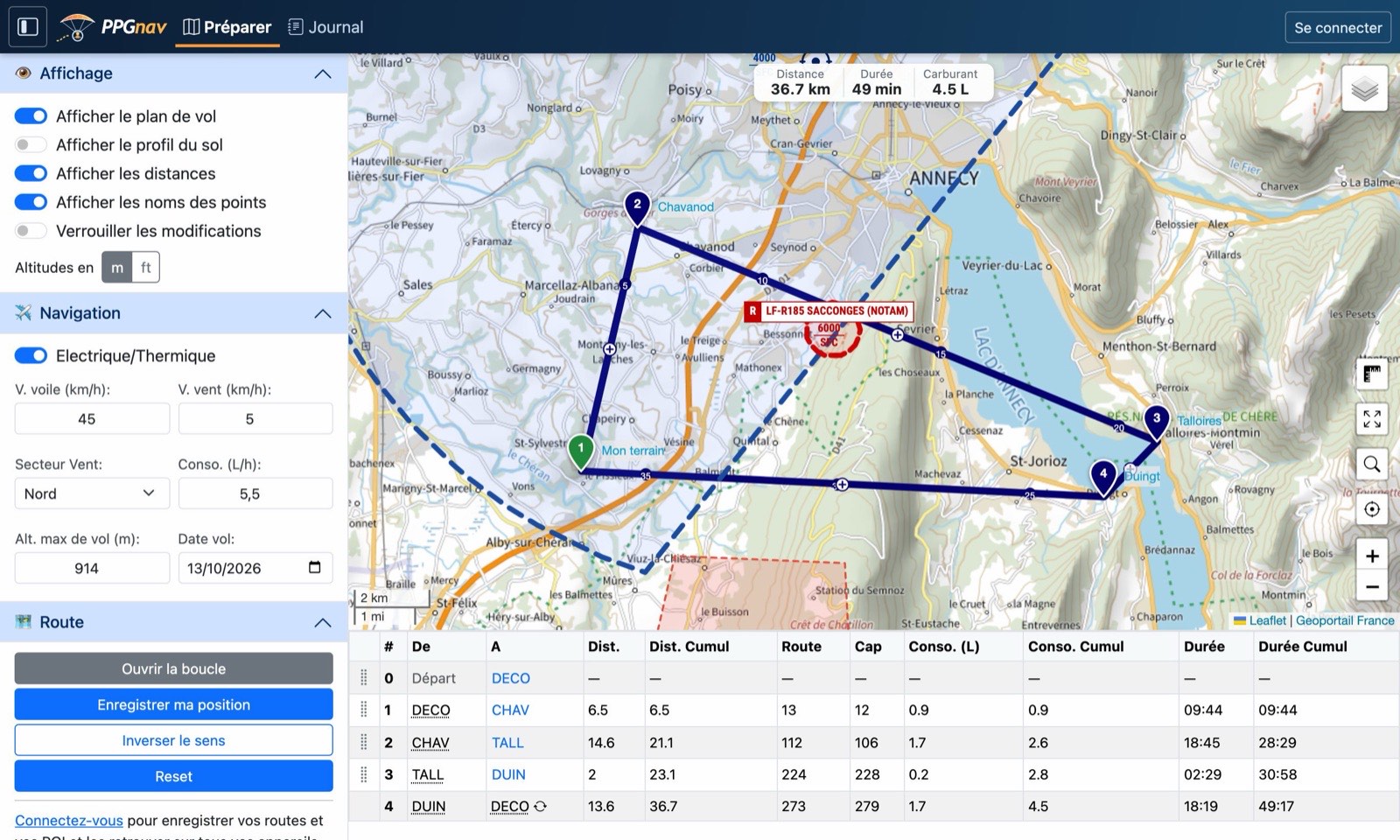 Préparation d'une navigation autour du lac d'Annecy, avec le plan de vol